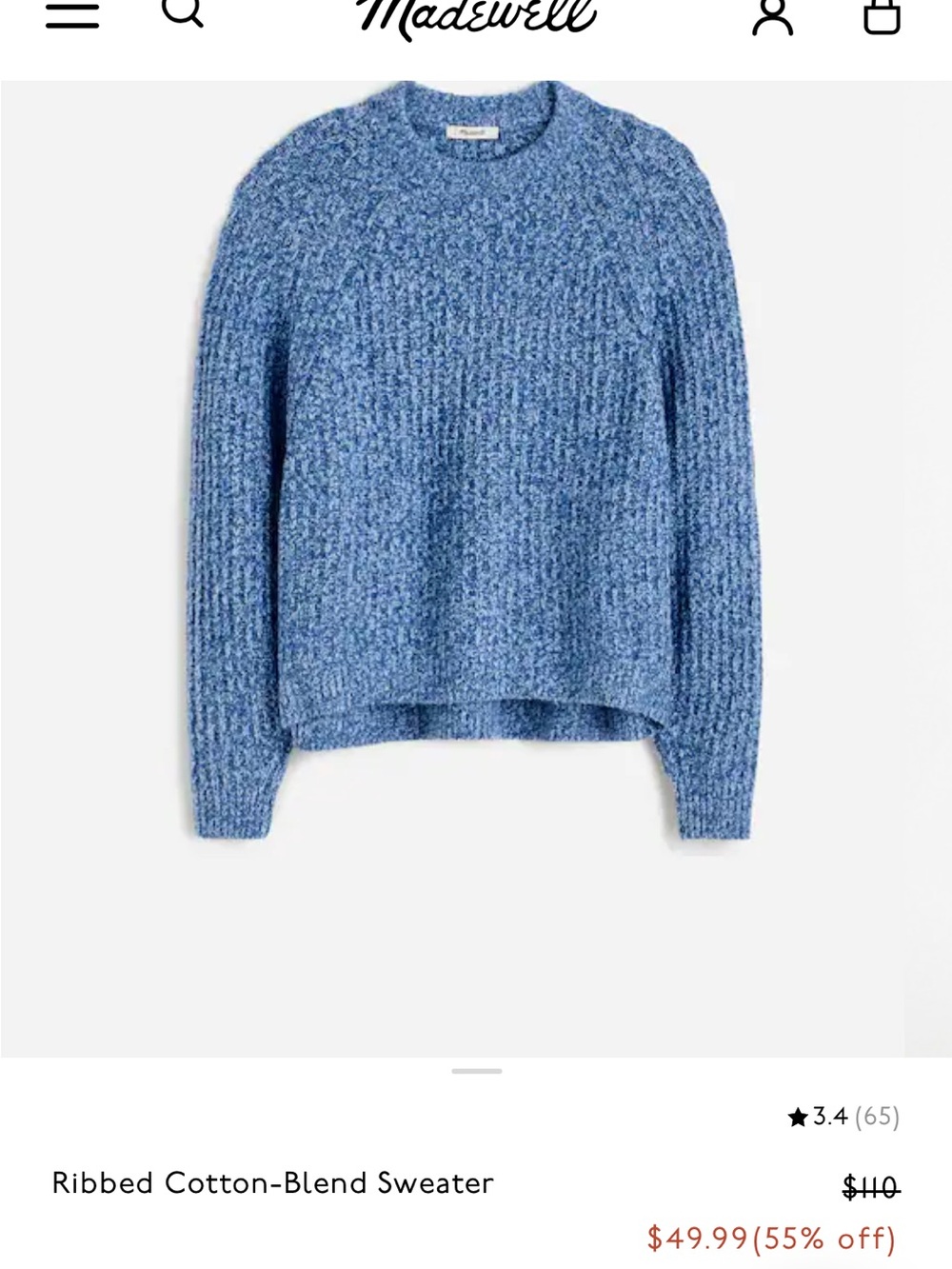 Madewell Blue Ribbed Cotton-Blend Crewneck Sweater -Blue Iris Marl